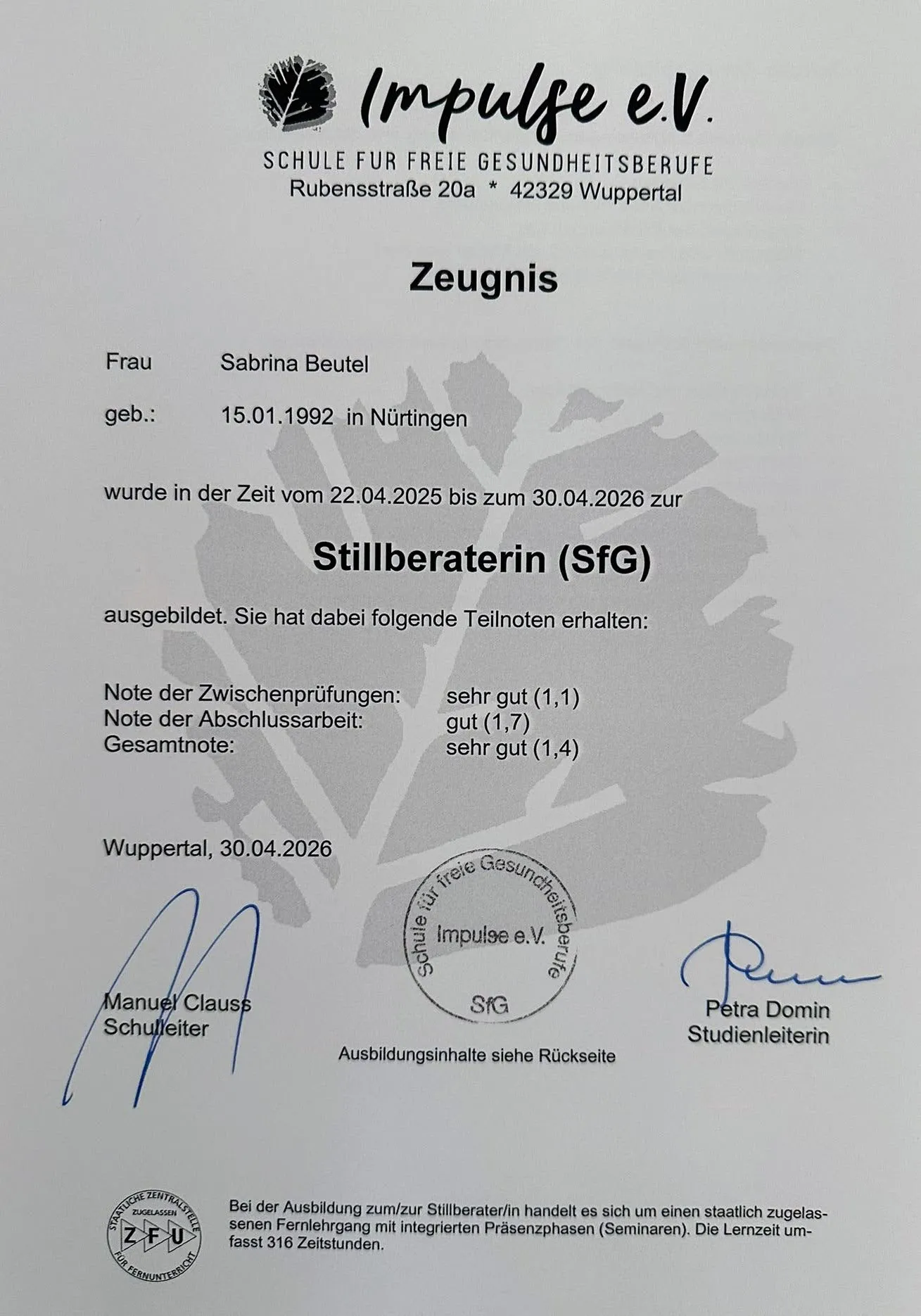 Zertifikat Stillberaterin – Sabrina Beutel